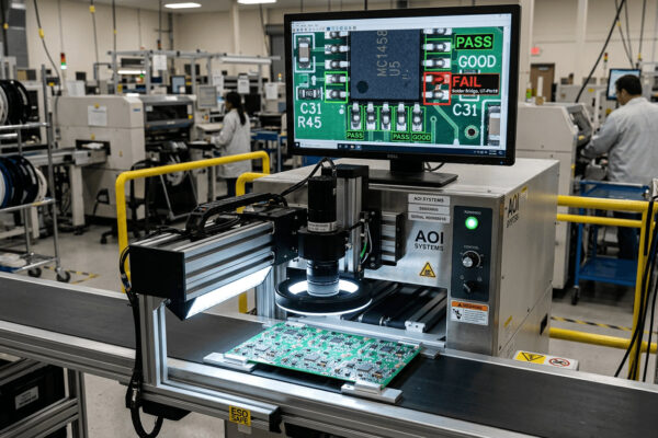 Automated optical inspection (AOI) machine examining PCB assembly with screen displaying solder joint analysis
