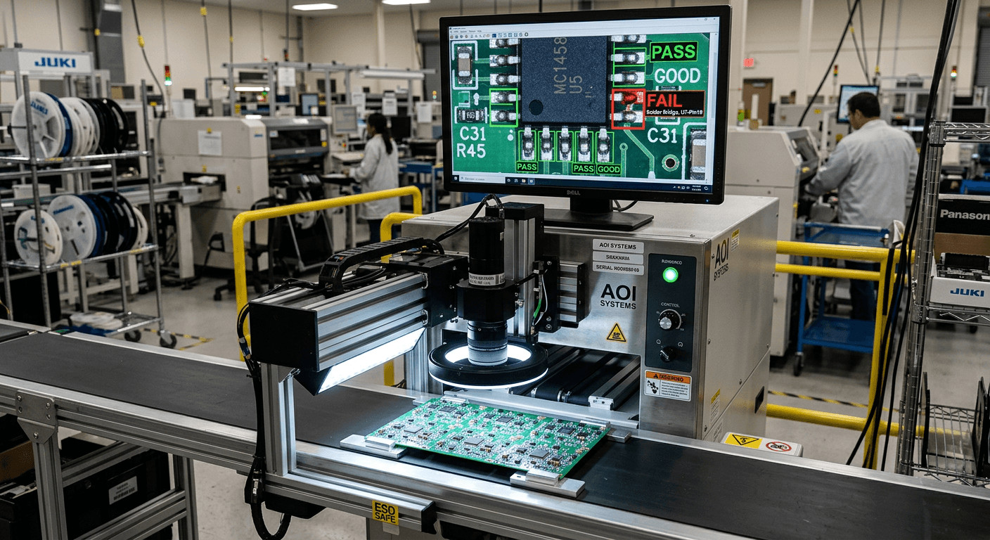 Automated optical inspection (AOI) machine examining PCB assembly with screen displaying solder joint analysis