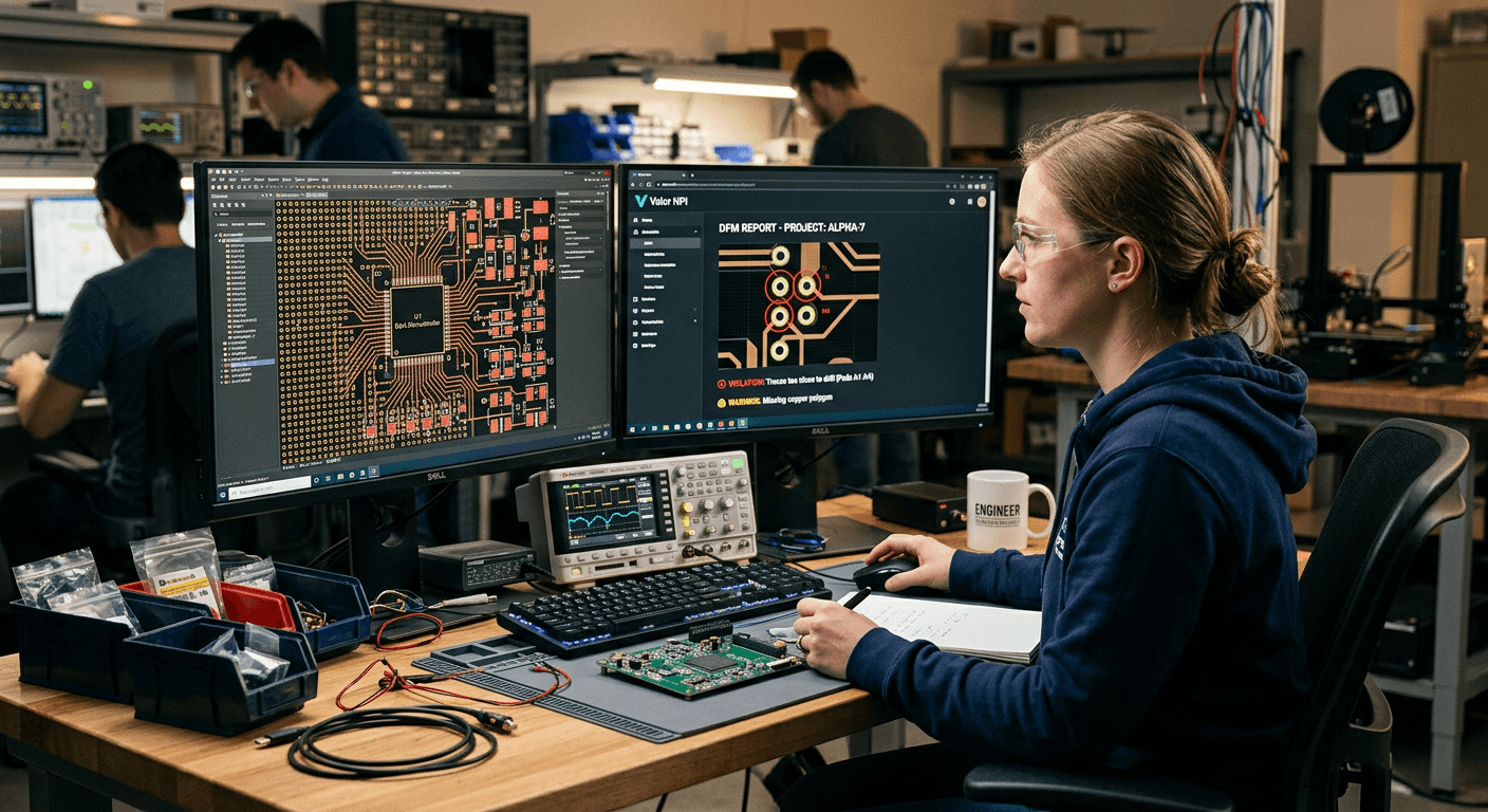 Engineer reviewing PCB layout and DFM report on a computer screen with component placement highlighted