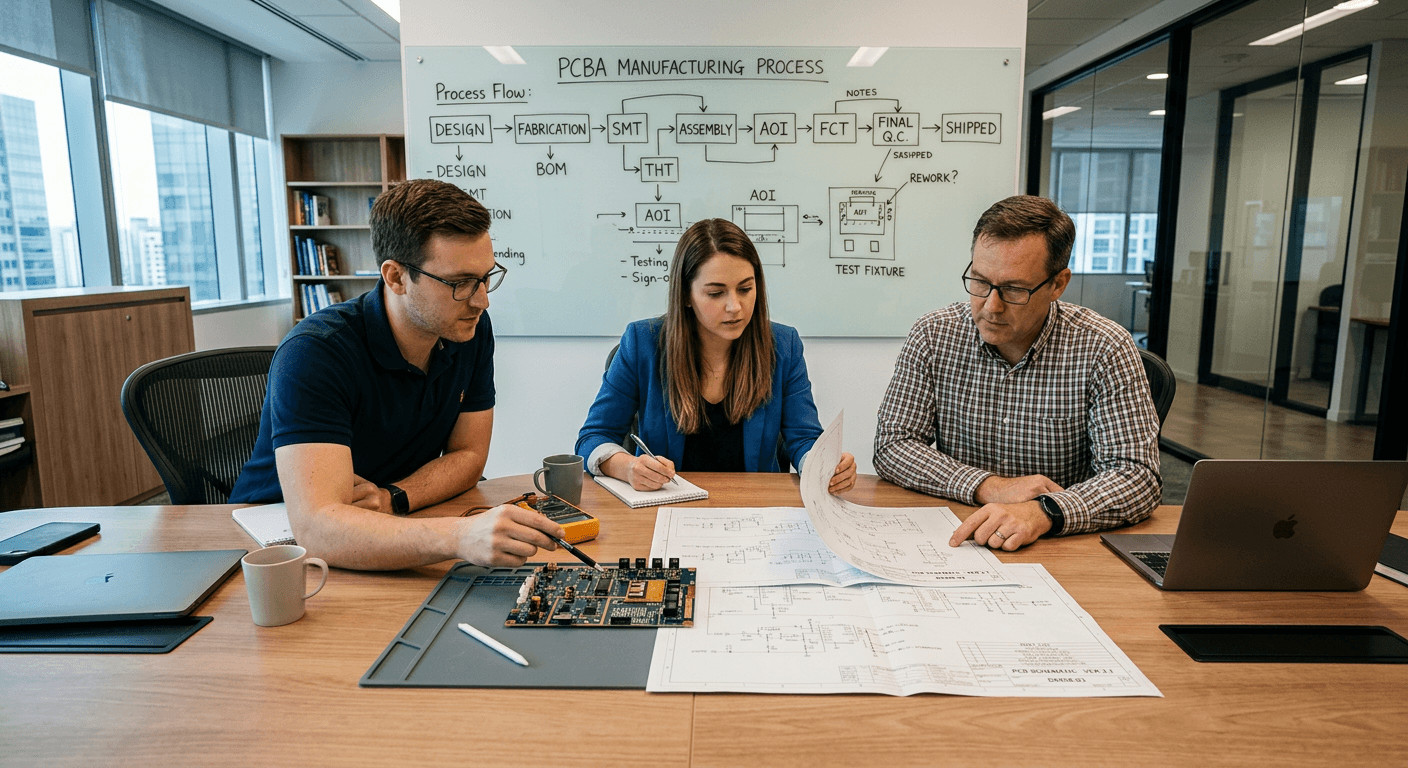 Procurement review meeting with EMS partner discussing PCB assembly specifications and quality documentation