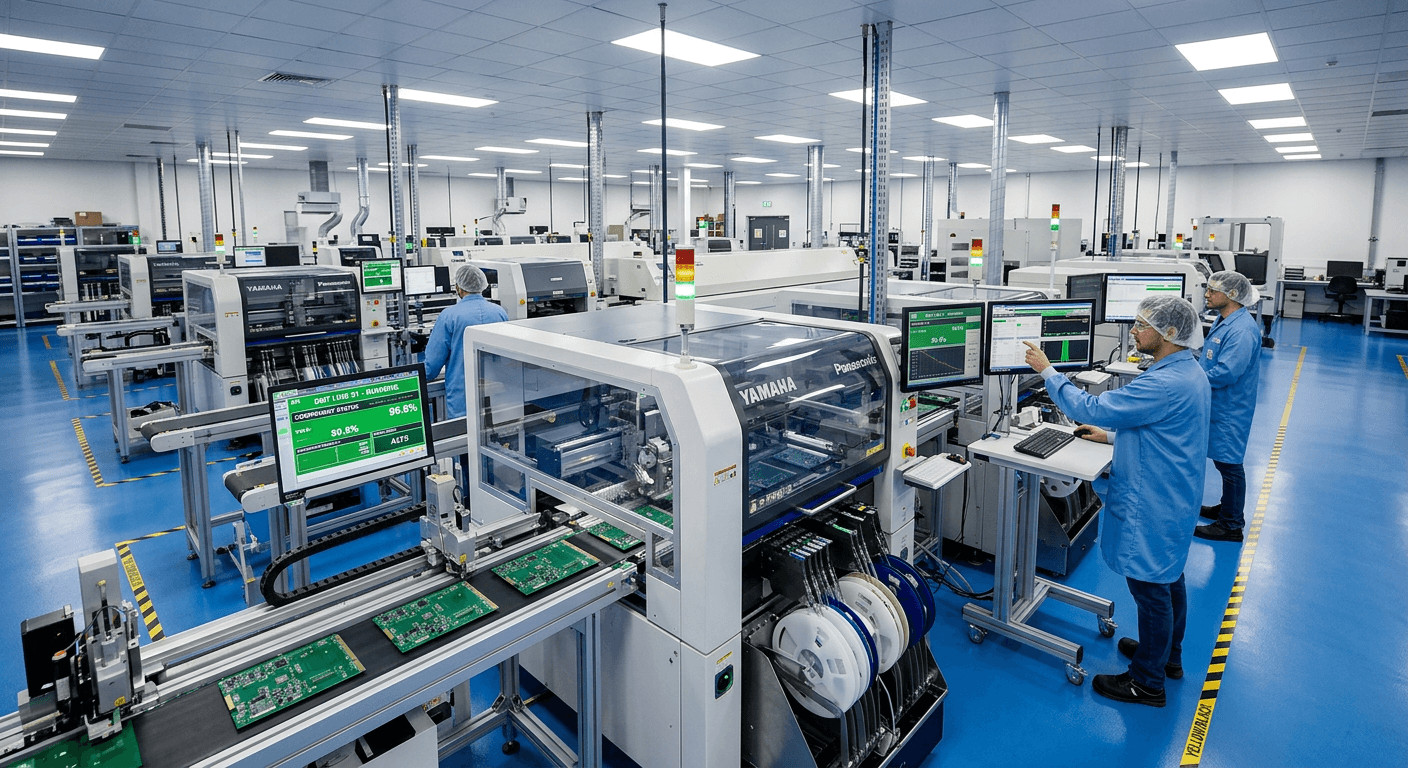 Automated SMT assembly line with pick-and-place machines populating PCBs in an electronics manufacturing facility