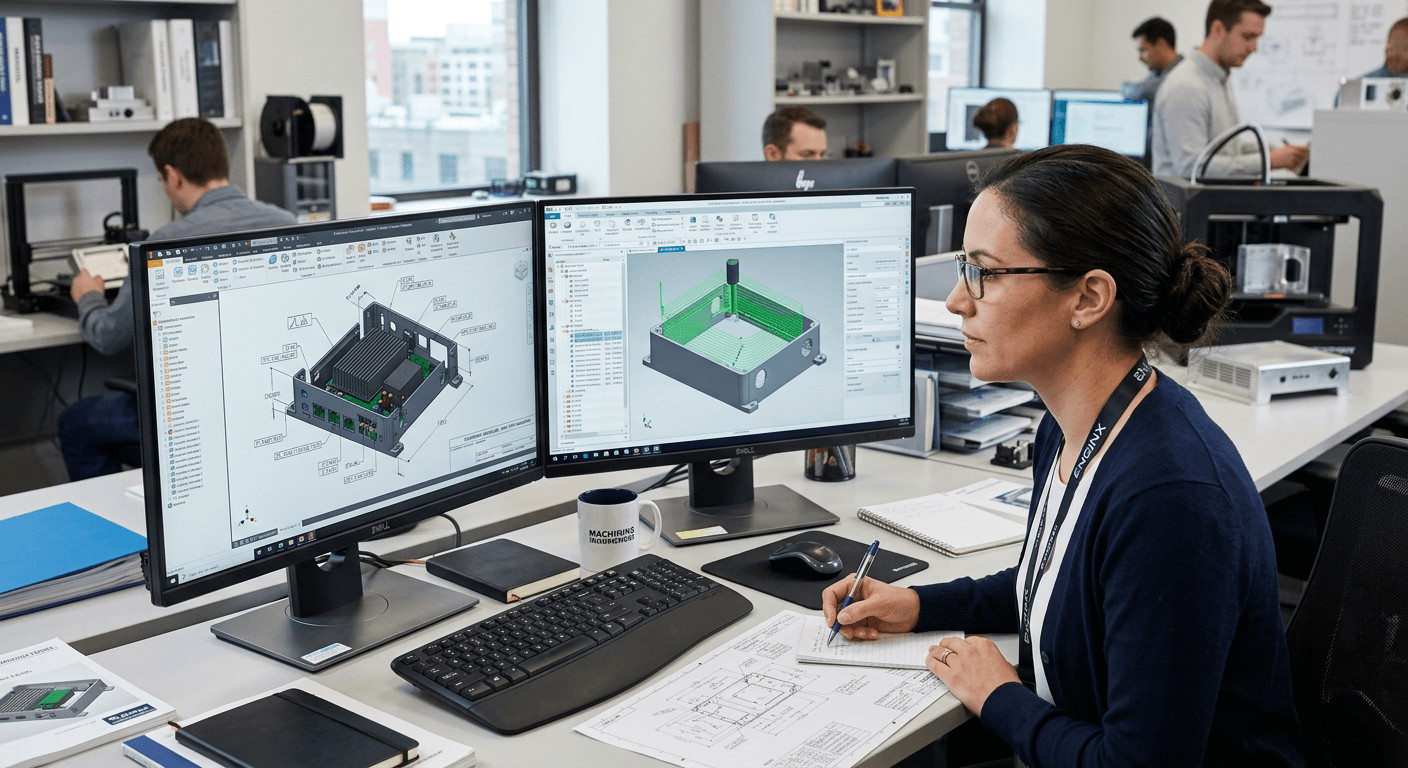 Engineer reviewing CAD model and CNC program on dual monitors, technical drawings with GD&T annotations visible
Ingenieur prüft CAD-Modell und CNC-Programm auf zwei Monitoren, technische Zeichnungen mit Bemaßungen sichtbar
CNC-Frässervice