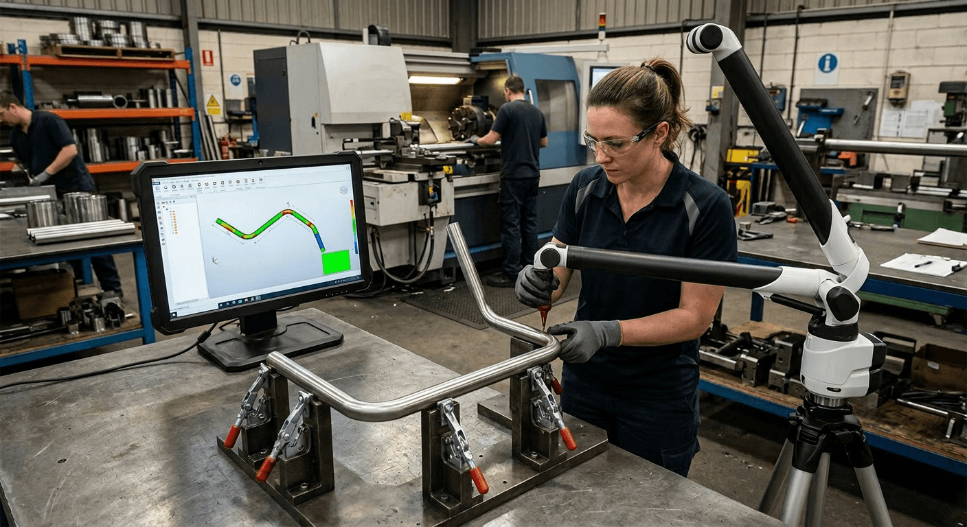 Operator checking a bent tube against a CAD model on a screen, showing deviation analysis