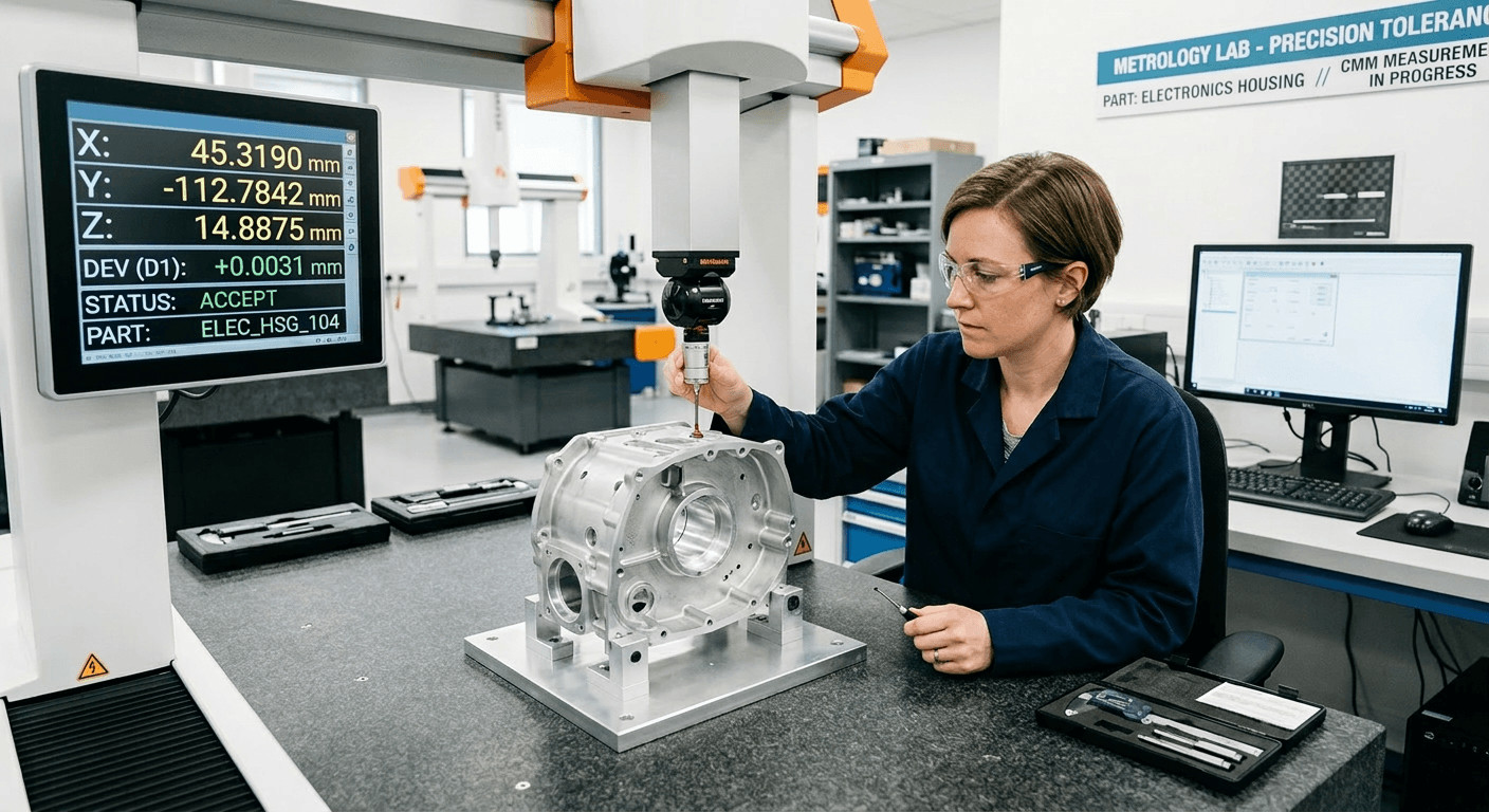 Quality engineer inspecting precision-machined component on coordinate measuring machine with digital readout