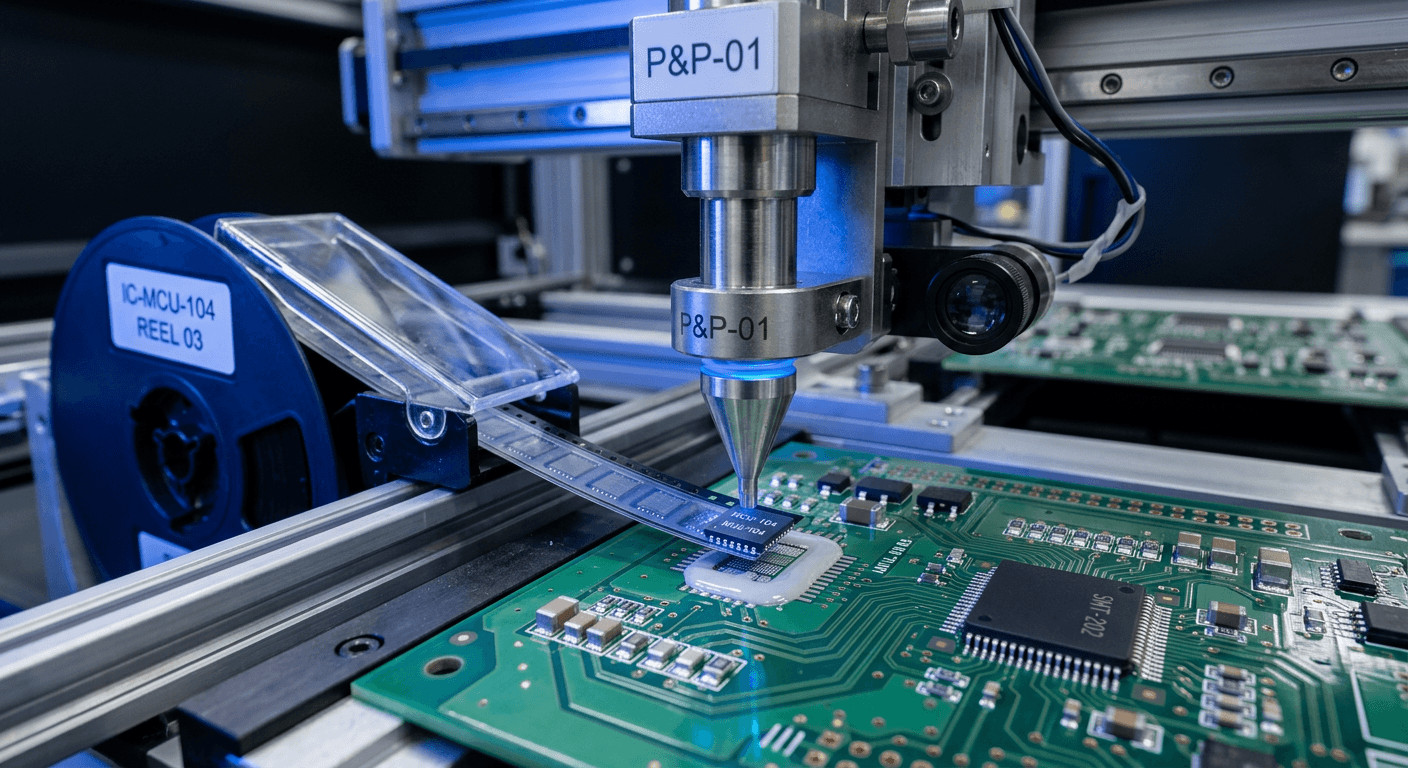 SMT pick-and-place machine placing components on PCB with precision nozzles and feeder reels