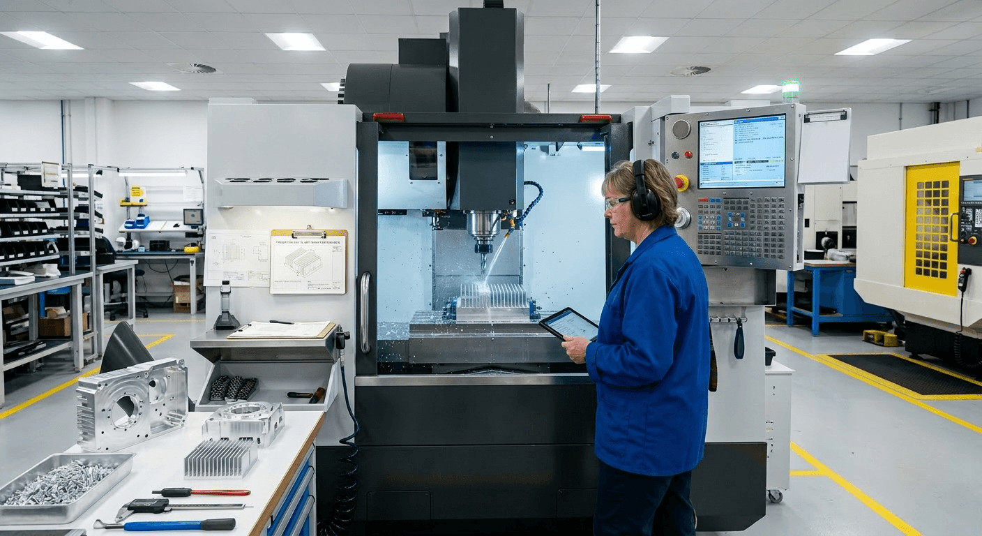 Modern CNC machining center in TPS facility producing precision aluminum components for electronics assemblies