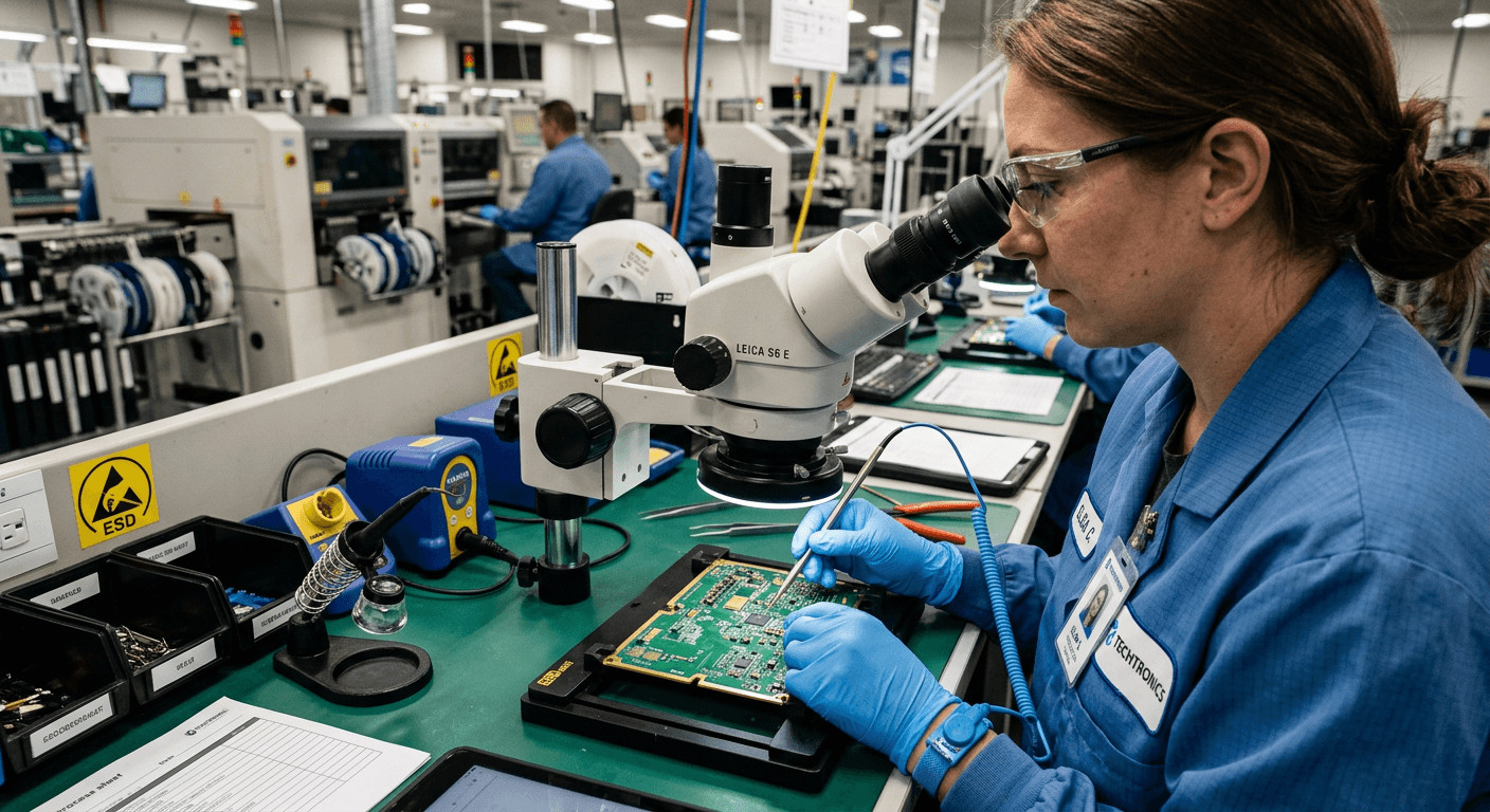 Technician inspecting populated circuit board under microscope showing fine-pitch SMD components and solder joints