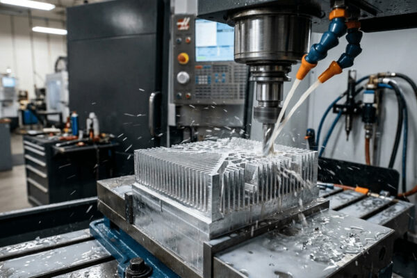 Precision CNC milling of aluminum heat sink with complex fin geometry, coolant flow visible, sharp focus on cutting tool