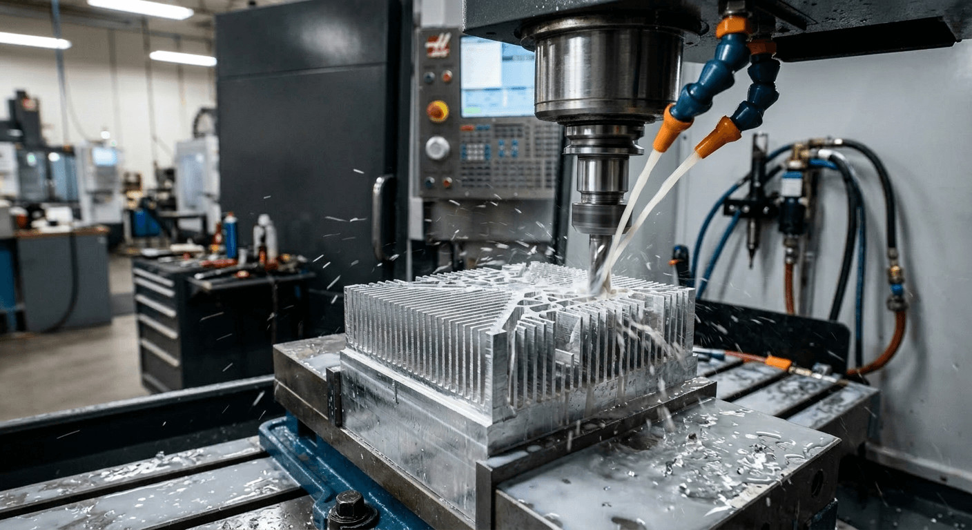 Precision CNC milling of aluminum heat sink with complex fin geometry, coolant flow visible, sharp focus on cutting tool
