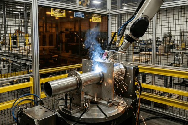 Welding robot performing TIG welding on a tube-to-plate assembly in a clean manufacturing cell Schweißroboter führt WIG-Schweißen an einer Rohr-Platte-Baugruppe in einer sauberen Fertigungszelle durch