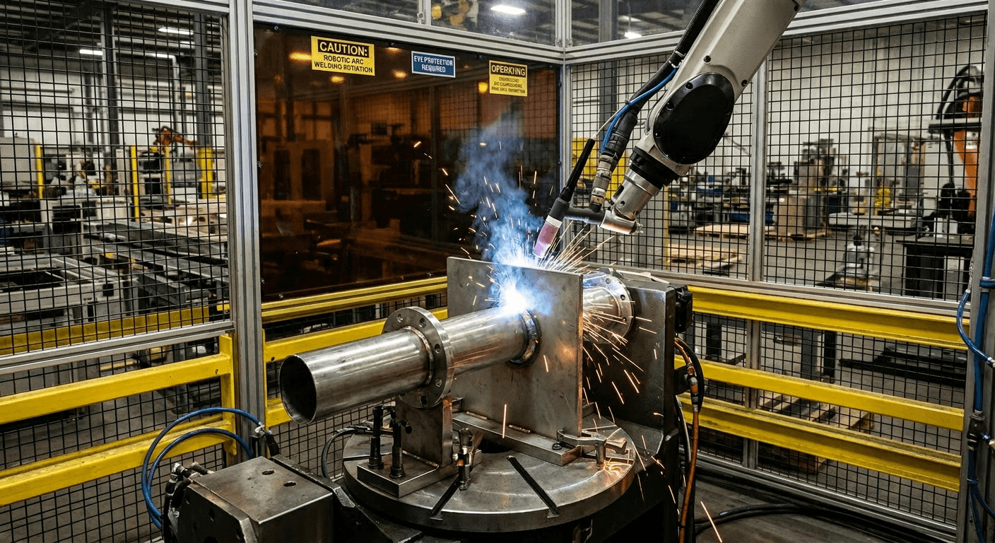 Welding robot performing TIG welding on a tube-to-plate assembly in a clean manufacturing cell
