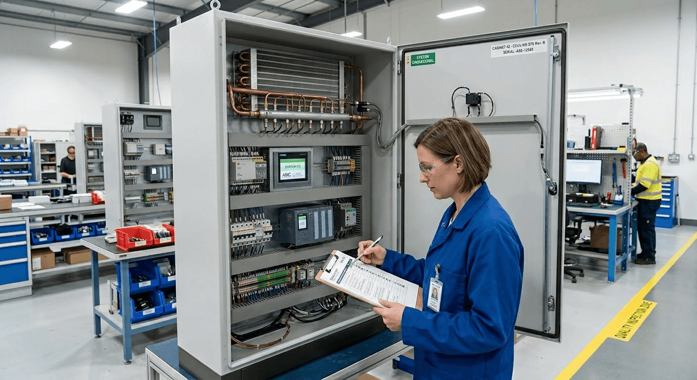 Assembled control cabinet with integrated tube cooling system and sheet metal enclosure, final inspection
CNC‑Rohrbiegen Fertig montierter Schaltschrank mit integriertem Rohrkühlsystem und Blechgehäuse bei der Endkontrolle