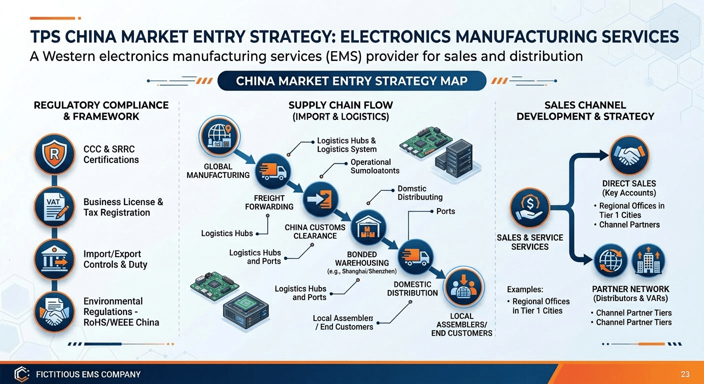 China market entry strategy map showing regulatory compliance, supply chain, and sales channel development

