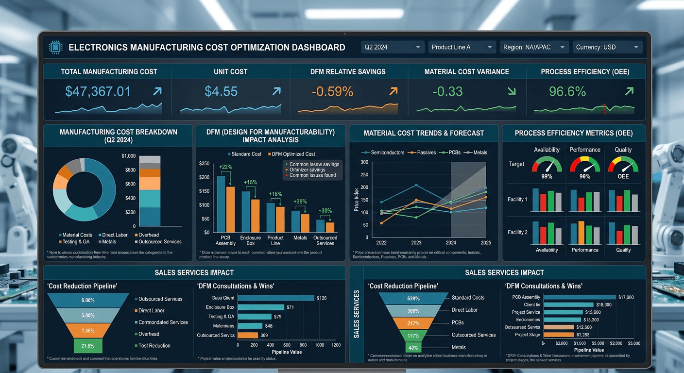 Cost optimization dashboard showing manufacturing cost breakdown with DFM impact and material cost trends


