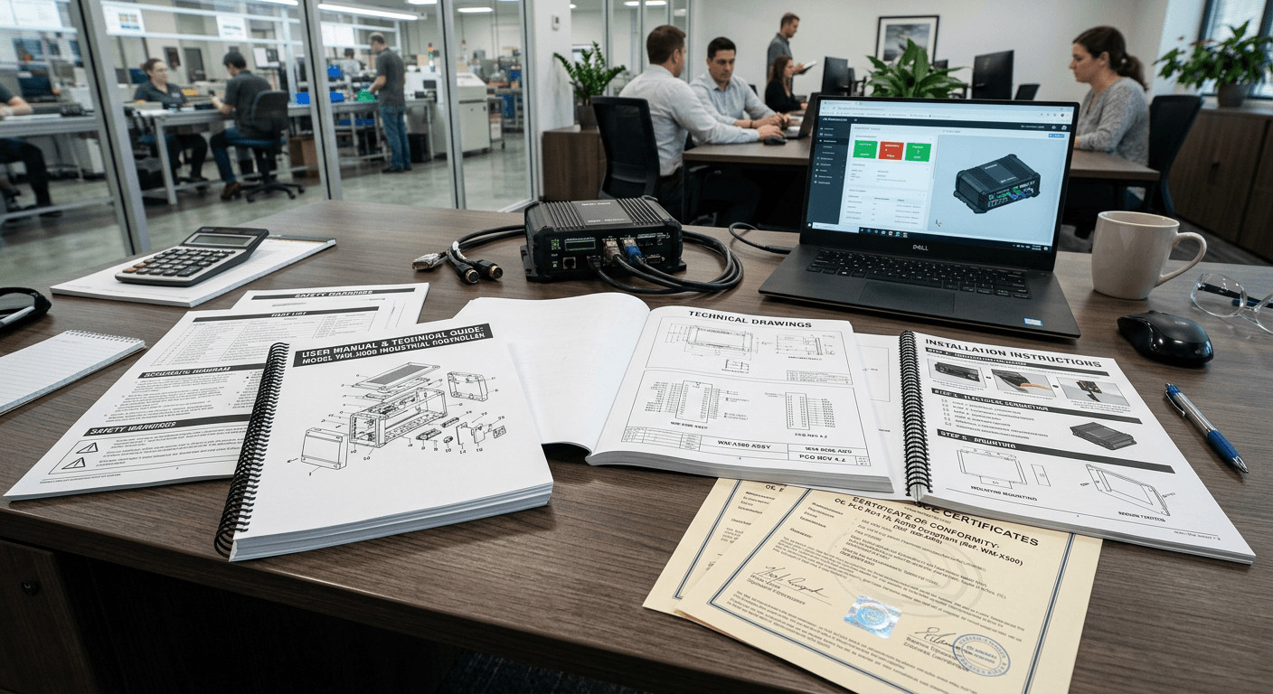 User manual guide documentation set with technical drawings, installation instructions, and compliance certificates

