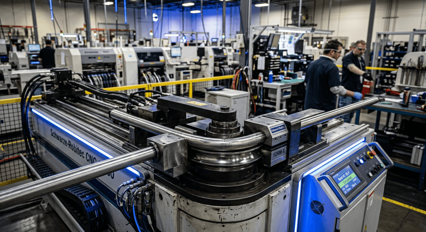 Industrial CNC tube bending machine forming a metal tube with precision tooling, factory environment