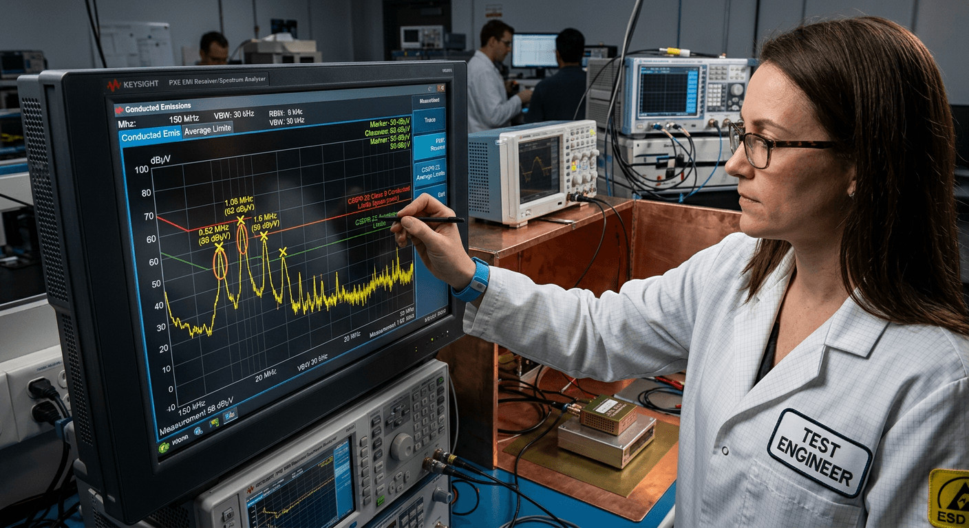 Spectrum analyzer screen showing conducted emissions measurement with CISPR 22 limits overlaid, distinct peaks highlighted

