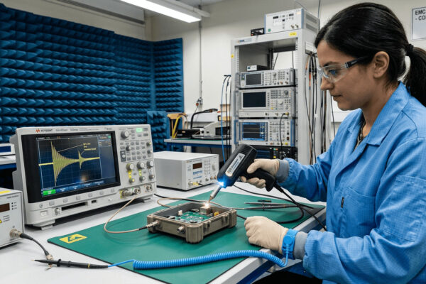 Electrostatic discharge (ESD) gun discharging to device under test, oscilloscope capturing transient response