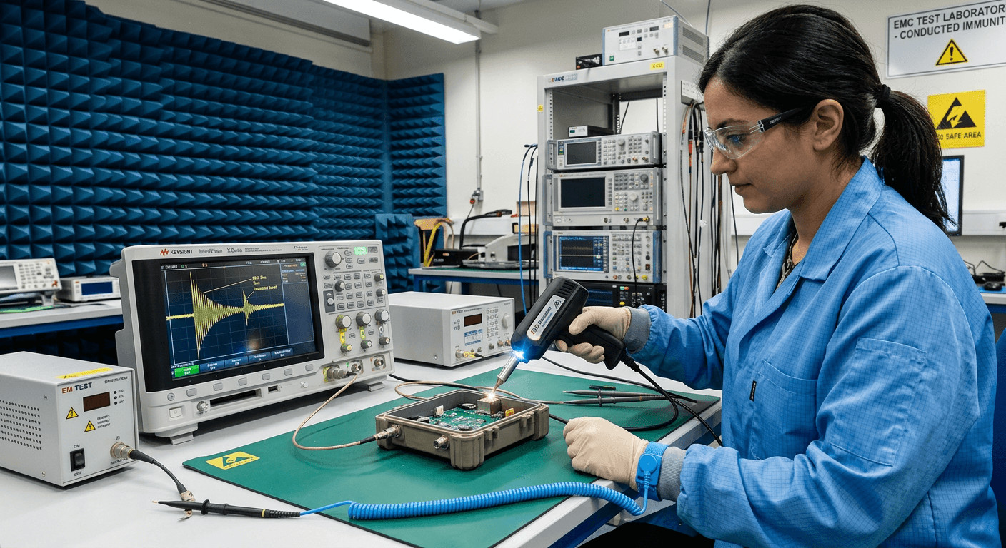 Electrostatic discharge (ESD) gun discharging to device under test, oscilloscope capturing transient response

