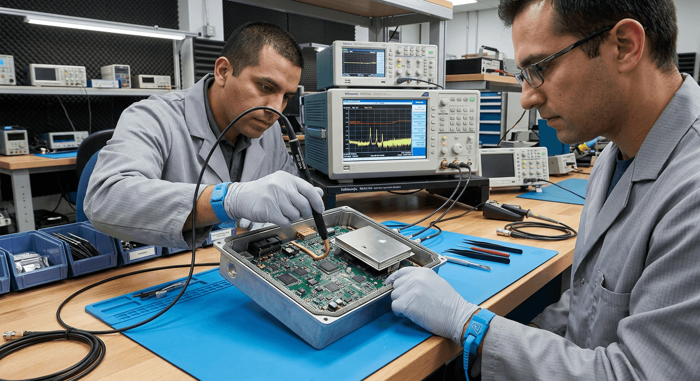 Electronics enclosure with conductive gasket and metal shield can, technician performing near-field probe scan

