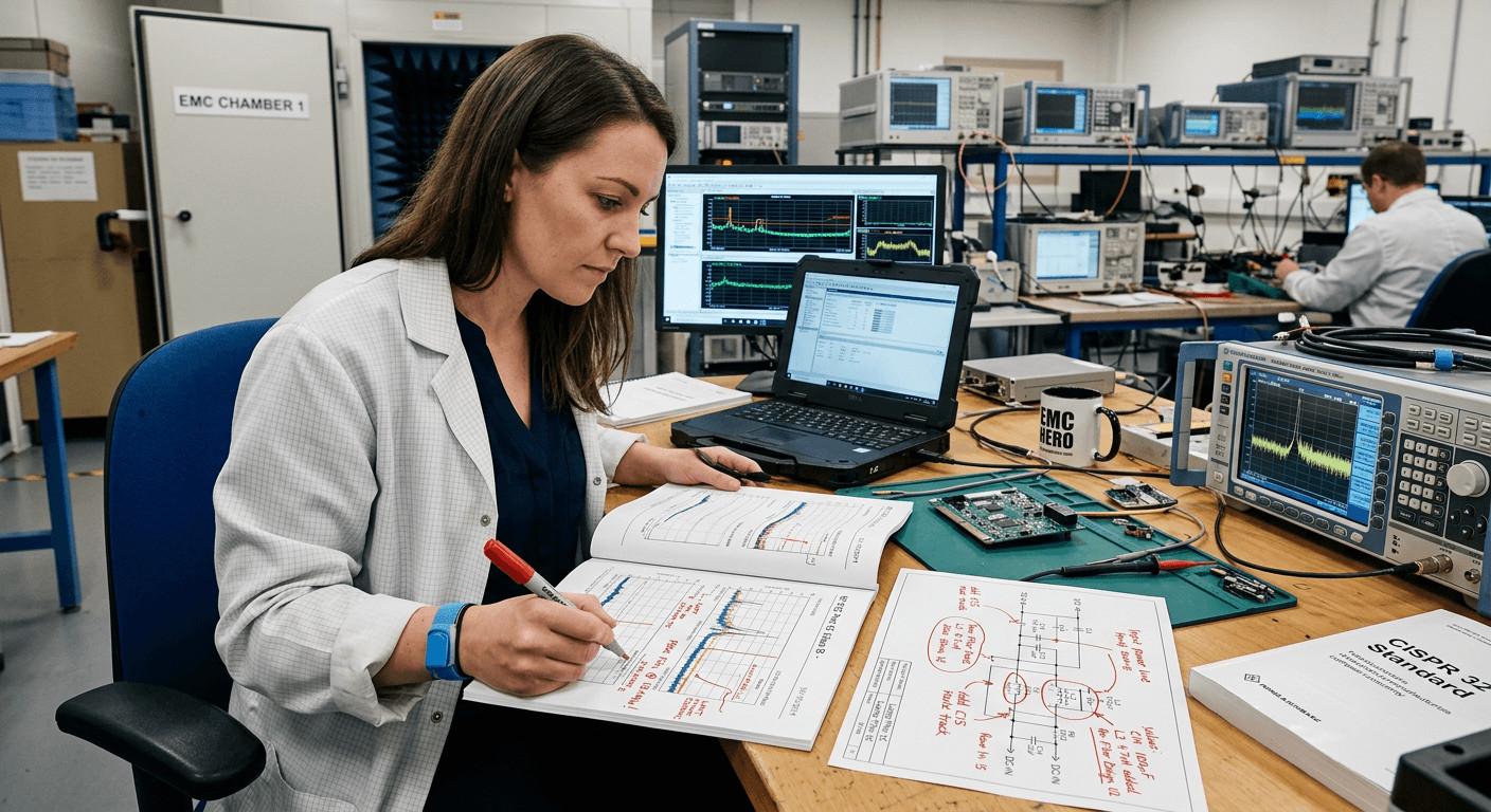 Engineer reviewing EMC test report on laptop, annotated spectrum plots, filter schematic modifications marked up

