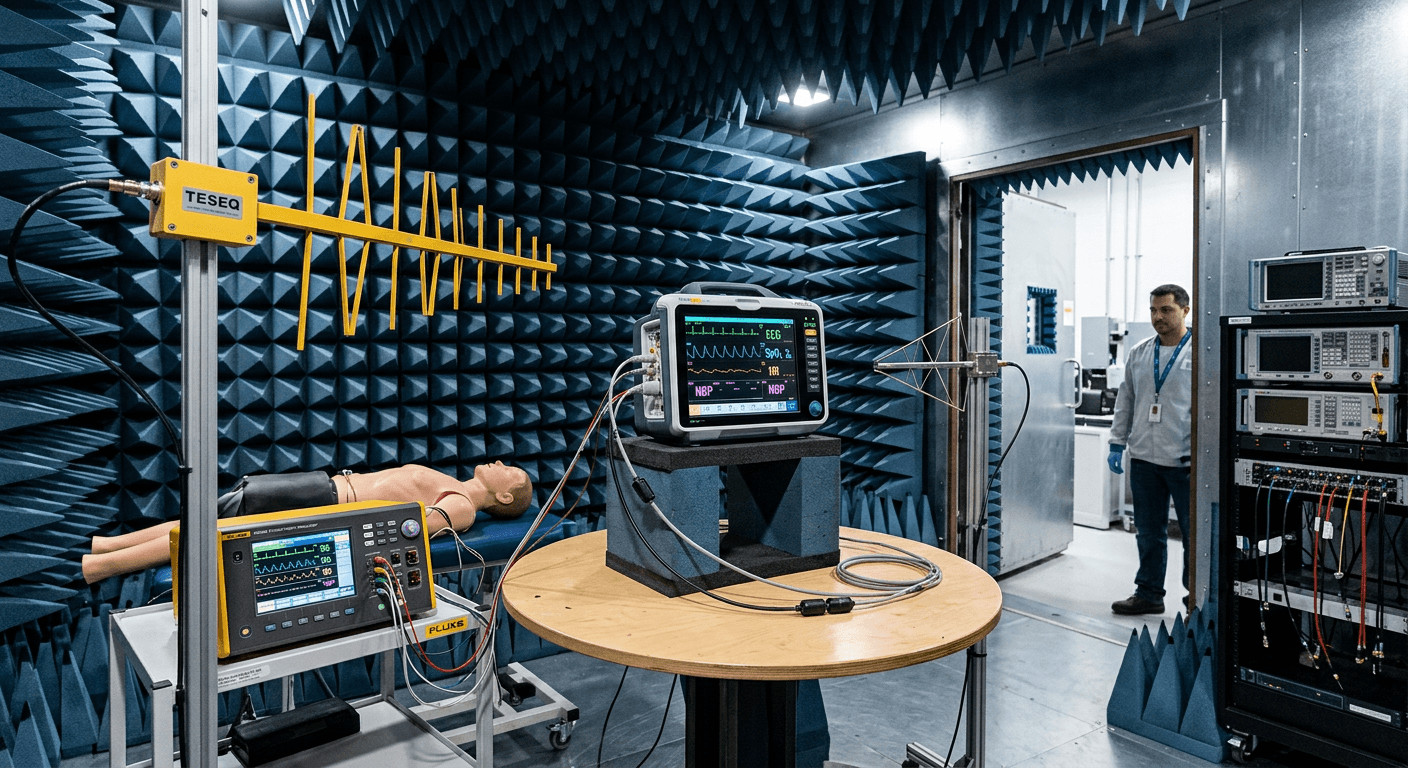 Medical device (patient monitor) under test in EMC semi-anechoic chamber, calibrated antennas positioned

