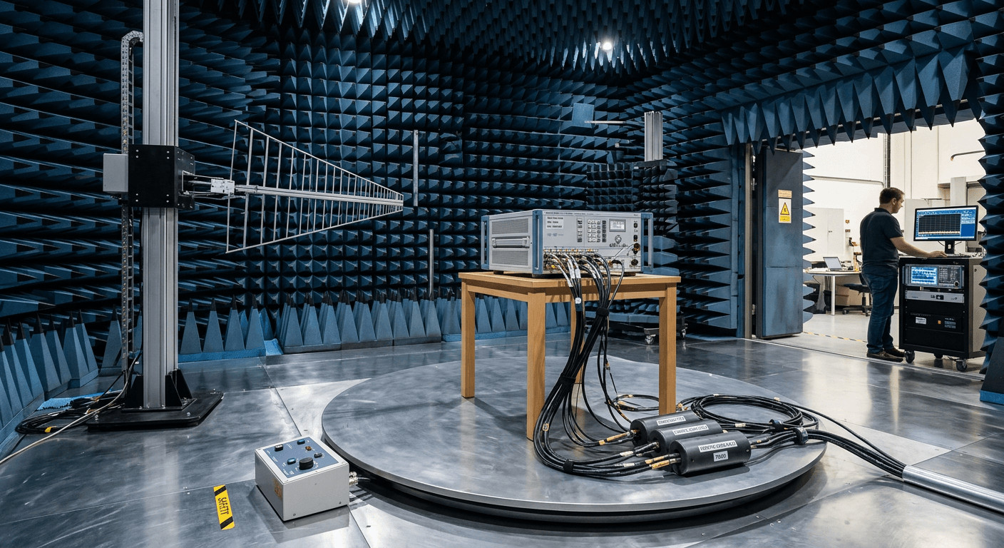 EMC semi-anechoic chamber with turntable, antenna mast positioned for radiated emissions test, device under test on table


