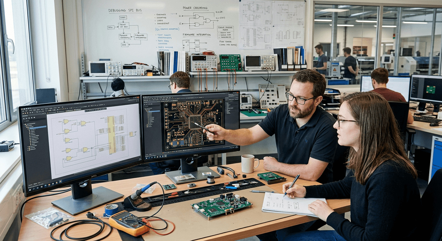 Engineering team reviewing hardware schematics and PCB layout on dual monitors, collaborative development environment