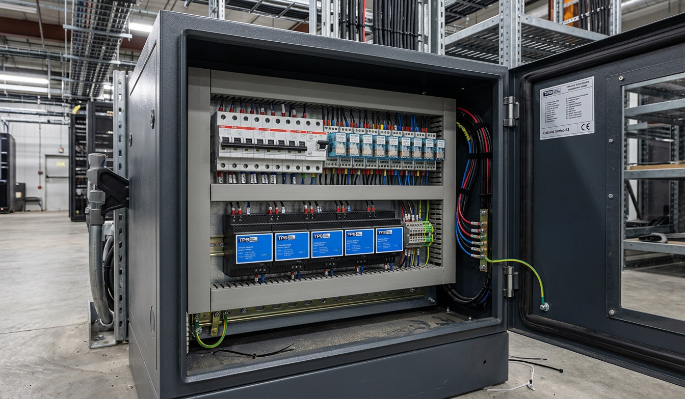 15U 19-inch industrial cabinet housing 24V DIN rail power supplies, ABB breakers, and wiring terminals
