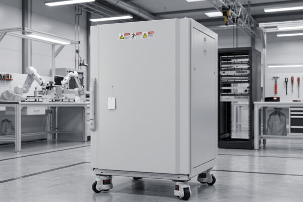 Heavy-duty 15U EMC 19 inch cabinet with powder-coated sheet steel in an industrial automation facility. Robuster 15HE EMV 19 inch cabinet aus pulverbeschichtetem Stahlblech in einer industriellen Automatisierungsanlage.