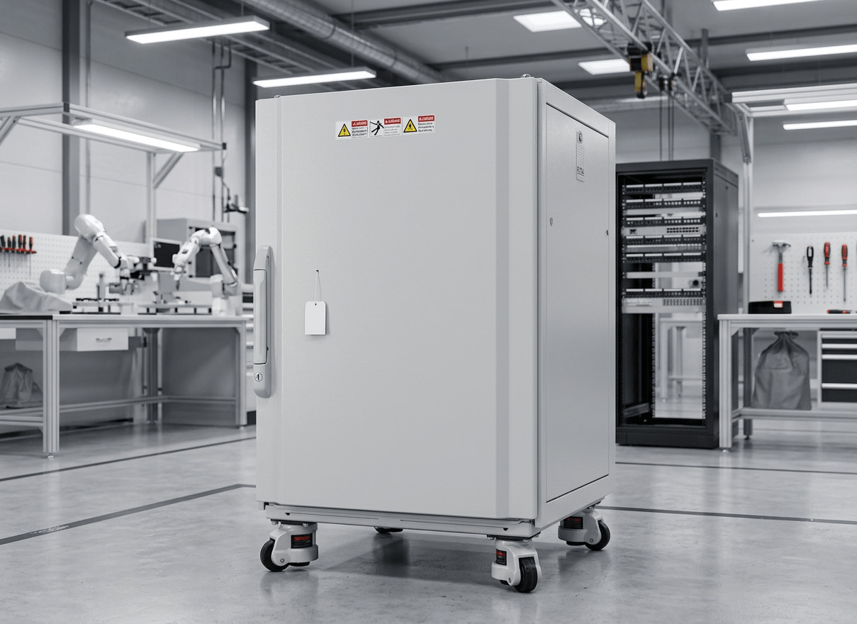 Heavy-duty 15U EMC 19 inch cabinet with powder-coated sheet steel in an industrial automation facility. Robuster 15HE EMV 19 inch cabinet aus pulverbeschichtetem Stahlblech in einer industriellen Automatisierungsanlage.