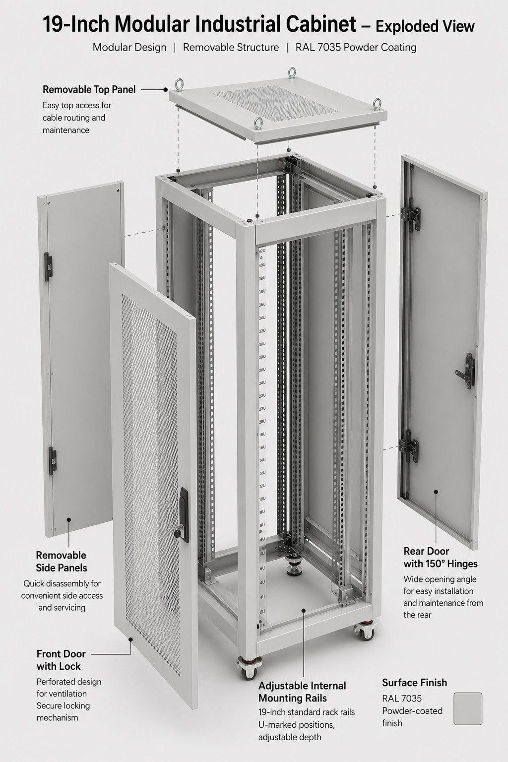 Explosionsansicht des modularen Schranks: Vordere Tür, hintere Tür, Seitenpaneele, obere Abdeckung und einstellbare innere Säulen demonstrieren die flexible Montage