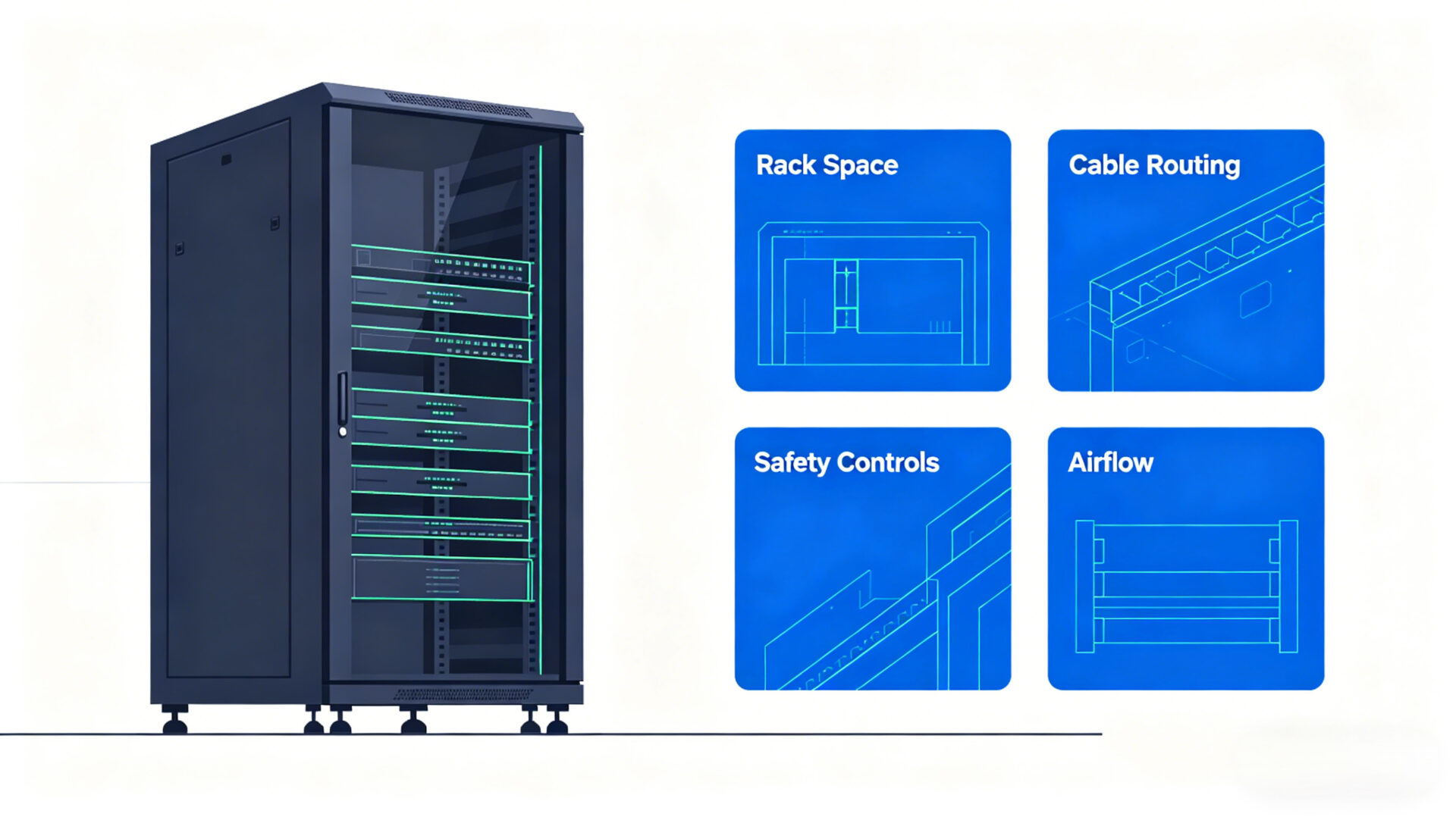 Vector illustration of a customizable 19-inch industrial cabinet with highlighted areas for rack space, cable routing, safety controls, and airflow.