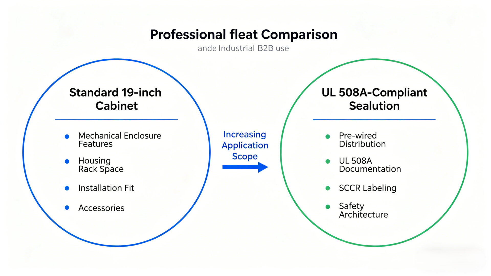 Vector comparison graphic showing the difference between a standard 19-inch cabinet and a UL 508A cabinet solution with added documentation, wiring, SCCR labeling, and safety architecture.