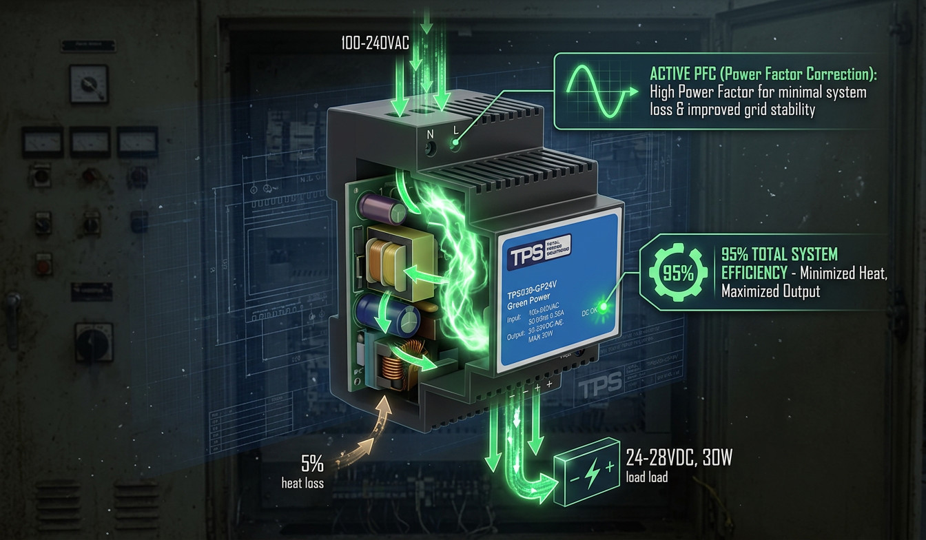 3D diagram showing 95% efficiency and active Power Factor Correction (PFC) in a green power supply DIN rail module
