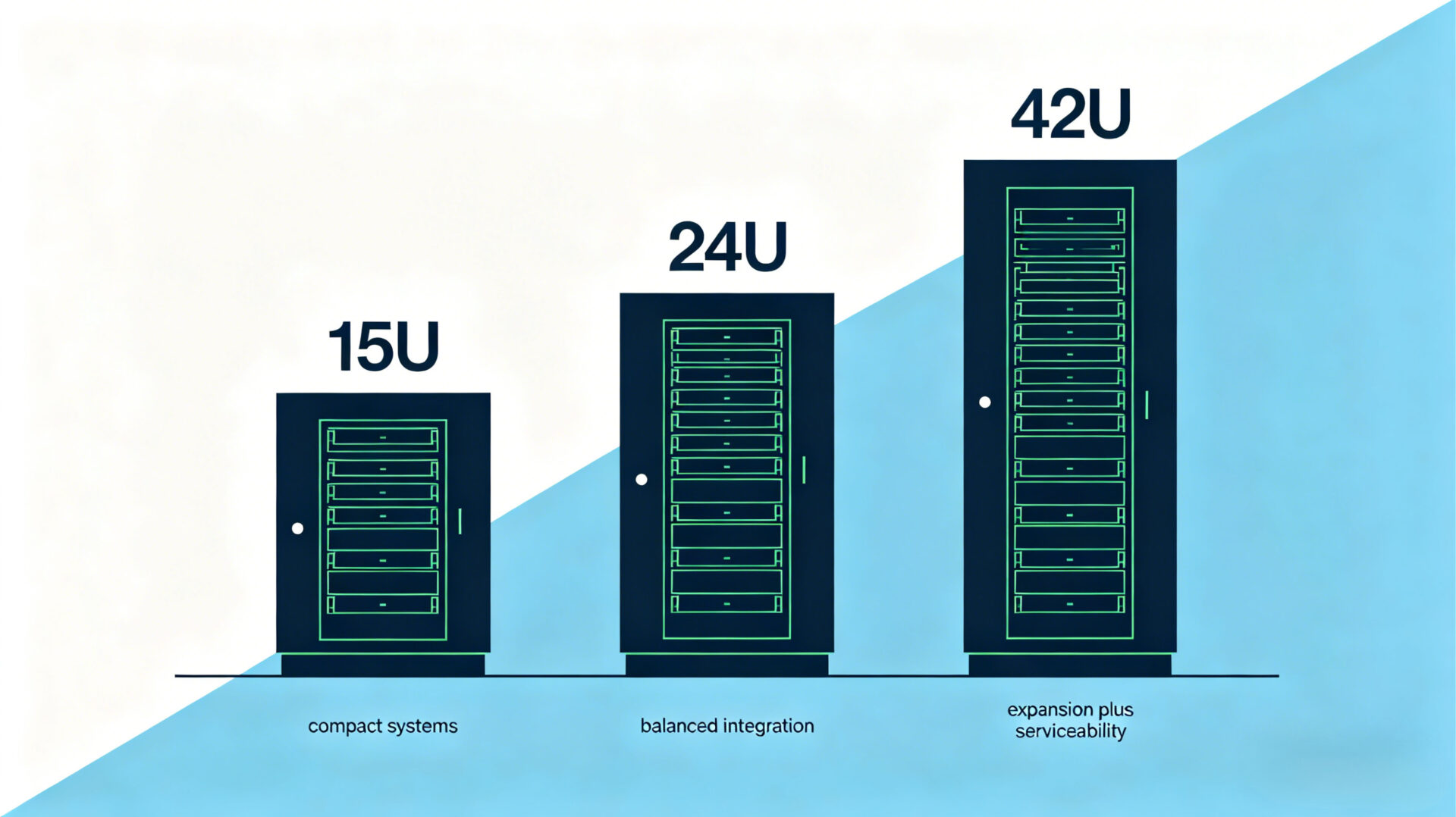 Vector comparison of 15U, 24U, and 42U cabinet sizes for compact, balanced, and expandable industrial projects.