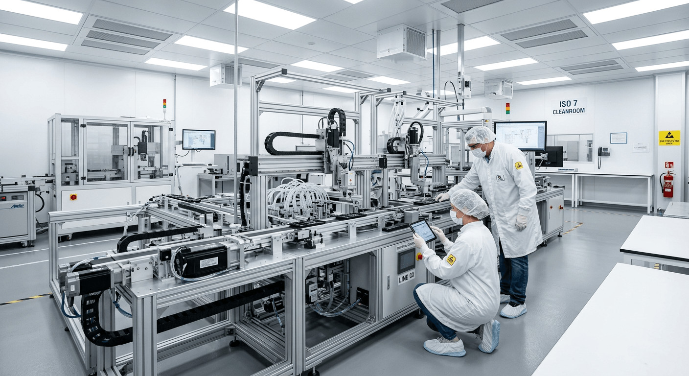 Engineers working on custom automated assembly solutions and mechatronic systems in a cleanroom. Ingenieure arbeiten an kundenspezifischen automatisierten Montagelösungen und mechatronischen Systemen in einem Reinraum.