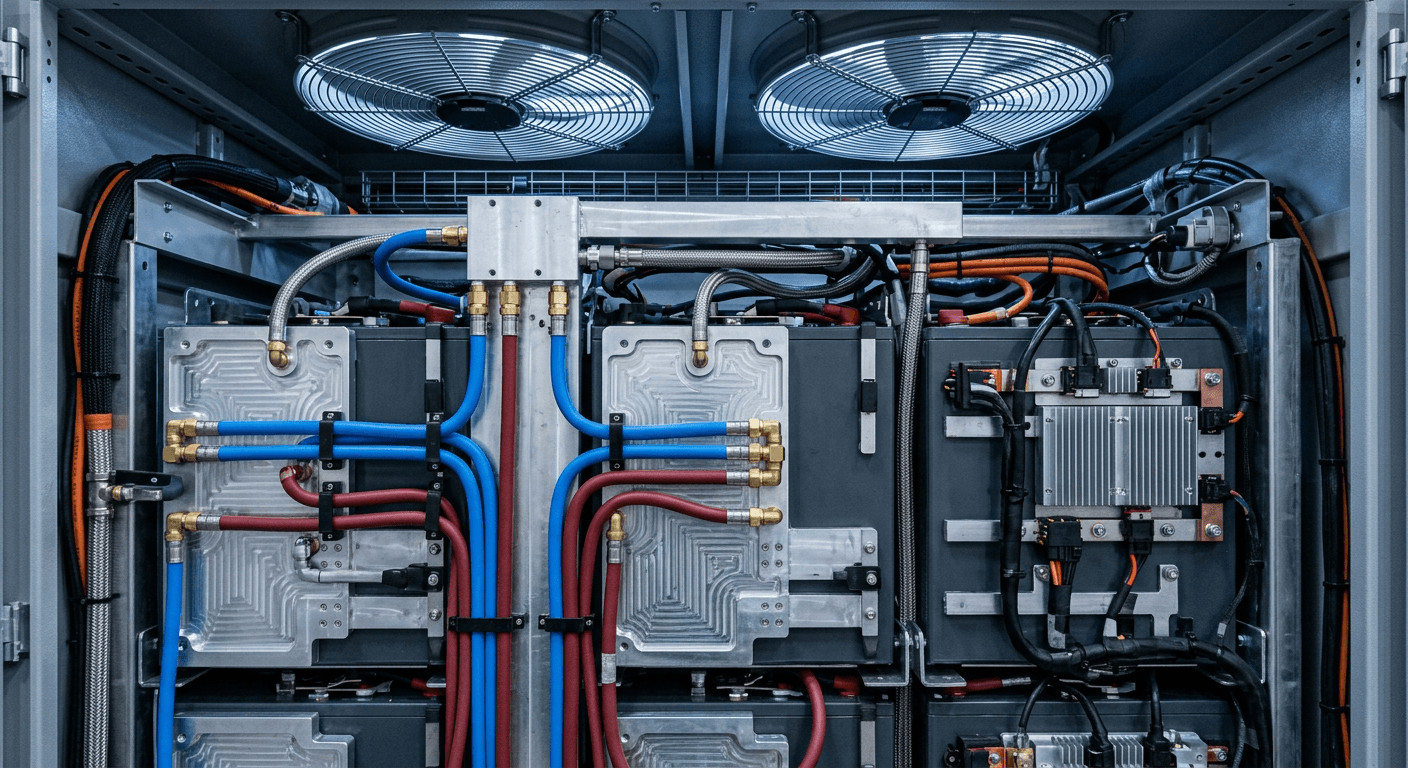 Internal view of a BESS cooling system design showing liquid cooling plates and active thermal management components.