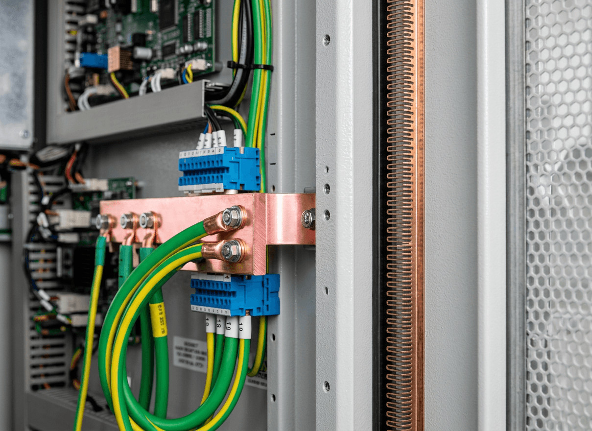 Close-up of a conductive gasket rack and 4.0mm grounded copper plate inside an EMC shielded enclosure. Nahaufnahme eines leitfähigen Dichtungssystems und einer 4,0 mm Erdungskupferplatte in einem EMV-abgeschirmten Gehäuse.