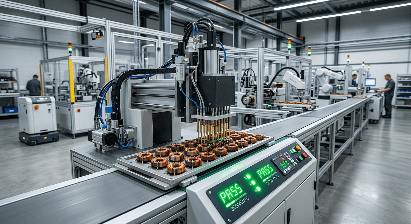 Automated testing of custom magnetic coils on an EMS production line by a custom coil winding service manufacturer.
