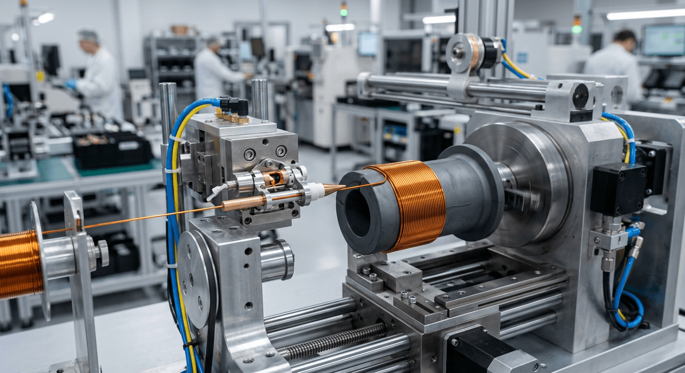 High-precision CNC machine performing custom coil winding services for industrial power electronics.
