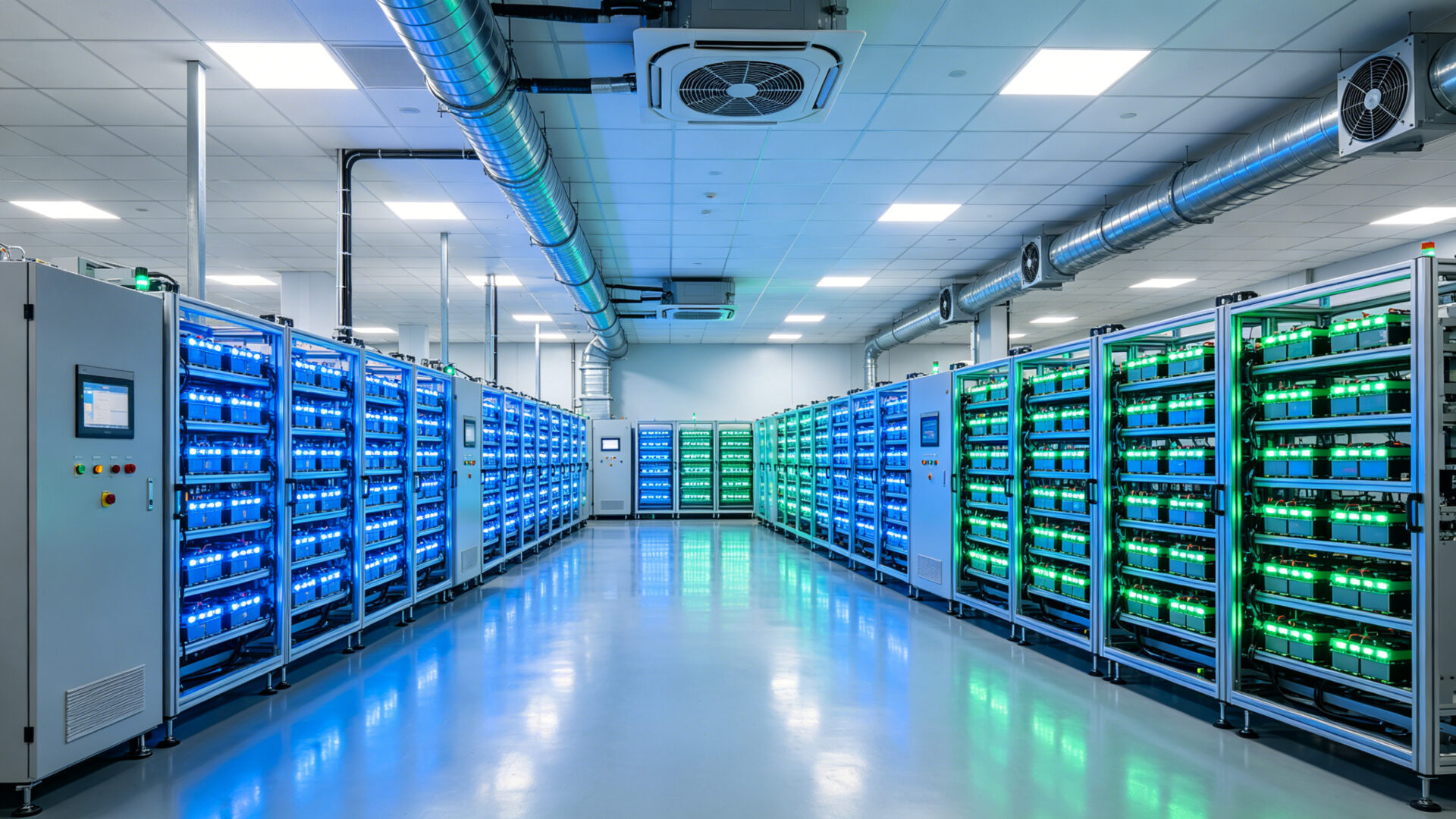 Eine Weitwinkelansicht einer Halle für Lithium-Batterie-Formationsanlagen, die Reihen von beleuchteten Testgestellen mit leuchtenden LED-Anzeigen zeigt, während ein Zwangsbelüftungssystem die Umgebungstemperatur reguliert.
