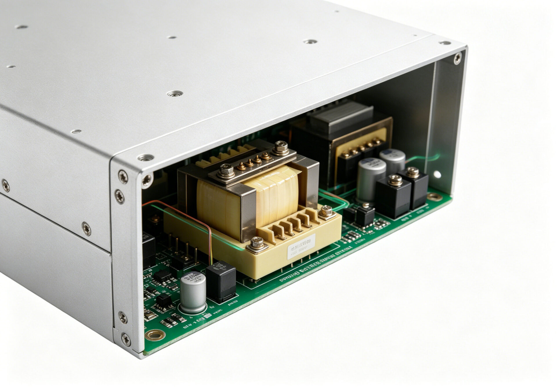 Nahaufnahme der internen Architektur eines Moduls mit hoher Leistungsdichte, die den planaren Trenntransformator und die Primärbrücke mit Sanftschalttechnik hervorhebt, die hochfrequente Trennung und bidirektionalen Energiefluss ermöglicht.