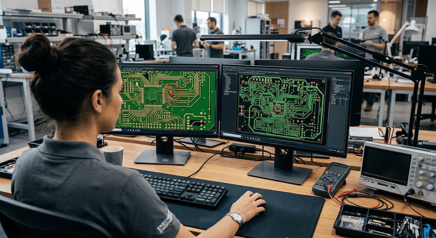 Electrical engineer performing a DFM analysis PCB prototype review on dual monitors, checking Gerber files for manufacturability.
