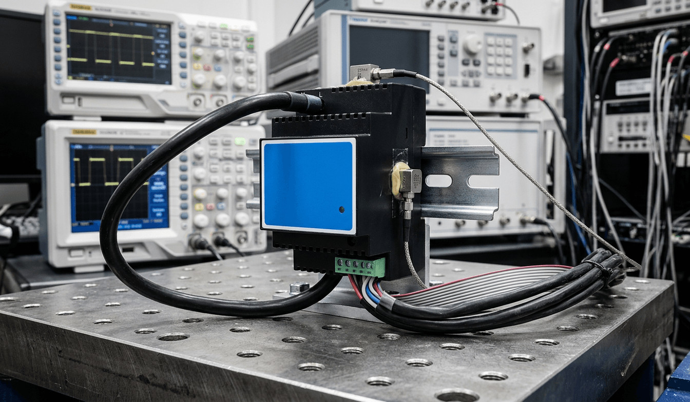 Industrial grade DIN rail power supply undergoing rigorous shock and vibration testing in a reliability laboratory.