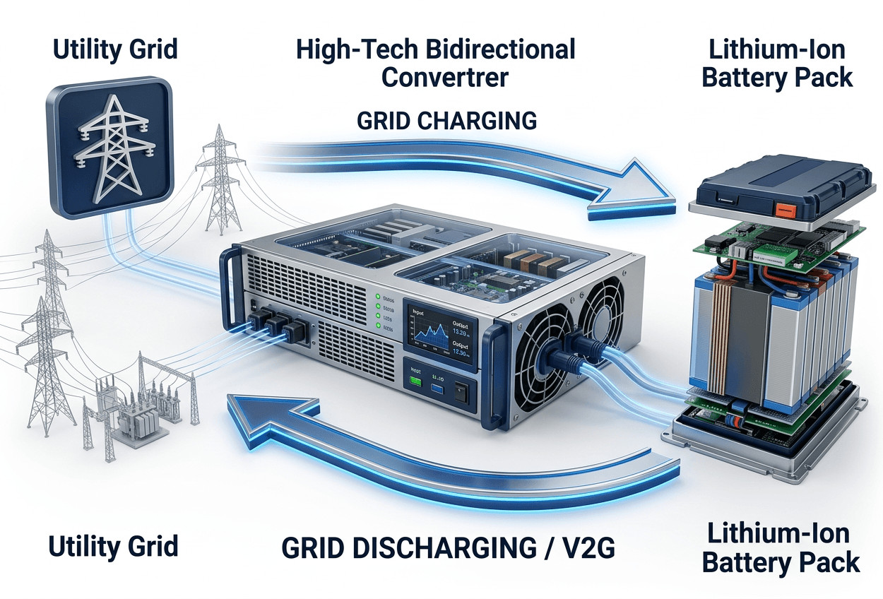 Diagram showing bidirectional energy flow in a battery testing bidirectional PSU
Diagramm des bidirektionalen Energieflusses in einem bidirektionalen Netzteil für Batterietests