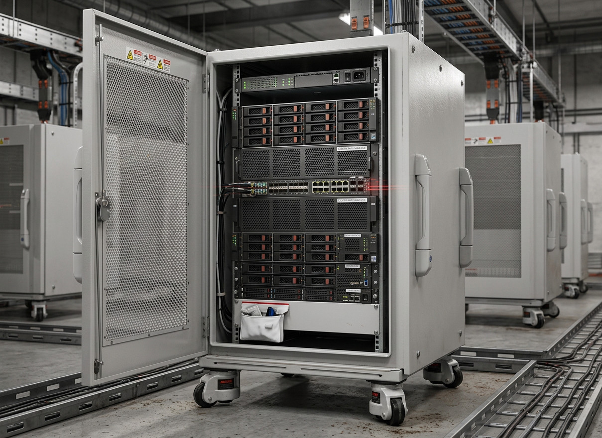 Diagram showing cabinet airflow optimization in a custom rack enclosure for PLC systems.
Diagramm zur Schrank-Luftstromoptimierung in einem maßgeschneiderten Rack-Gehäuse für SPS-Systeme.