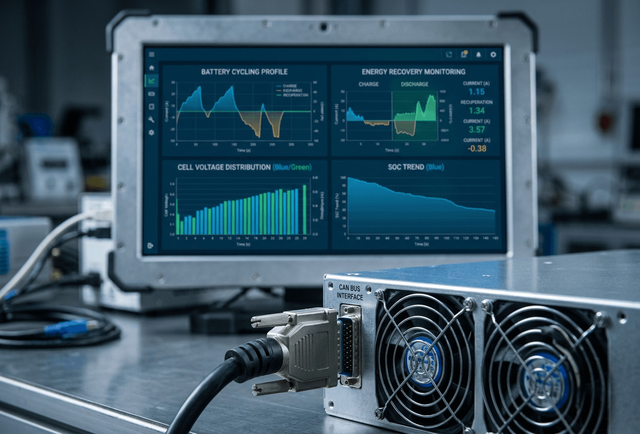 Engineer monitoring battery cycling bidirectional PSU via CAN communication interface
Ingenieur überwacht bidirektionales Netzteil für Batteriezyklen über CAN-Schnittstelle