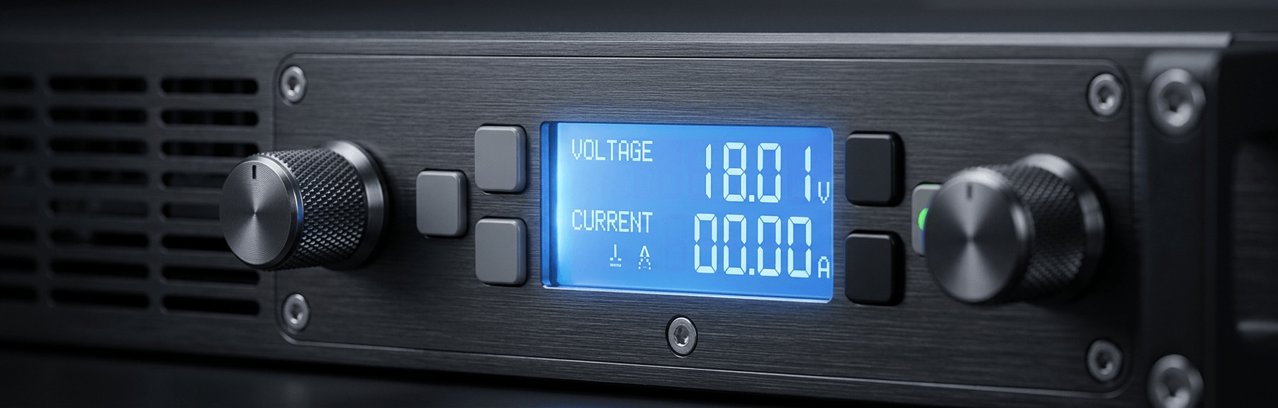 Front panel of a high density DC power supply showing rotary knobs, pushbuttons, and a bright blue LCD displaying voltage and current.
