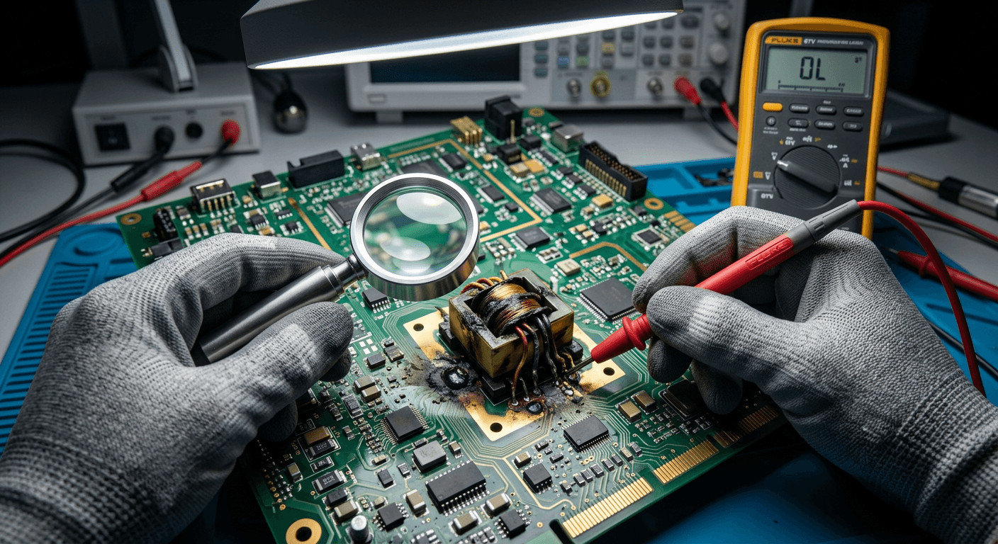 Electrical engineer inspecting a failed high frequency transformer on an industrial power supply PCB.
